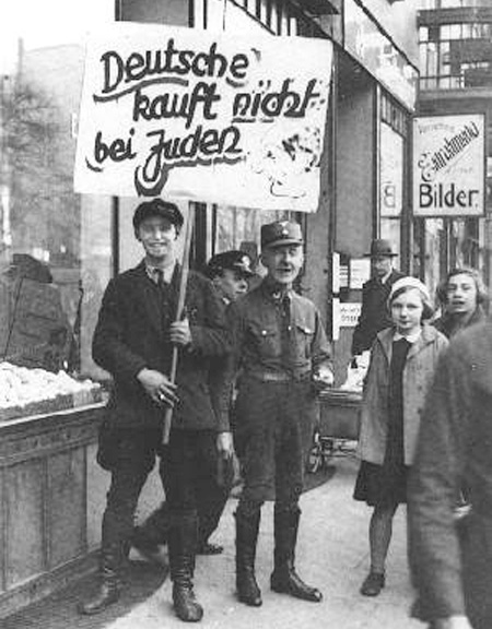 Boycott pickets outside No. 79 Grindelallee, 1st April 1933.